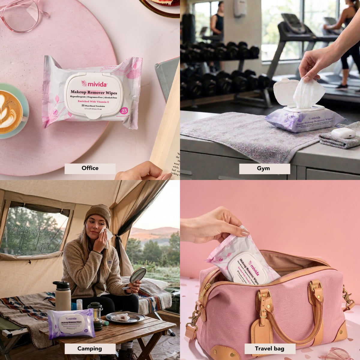 mivida Makeup Remover Wipes in a gym bag for travel