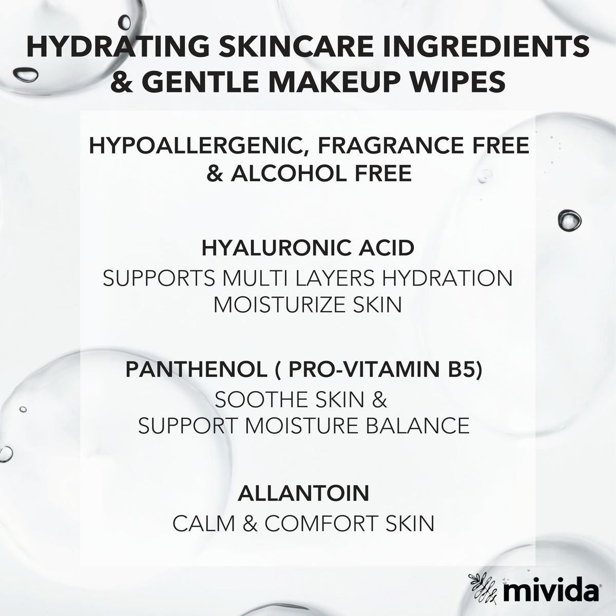 mivida Makeup Remover Wipes side view with hyaluronic acid label