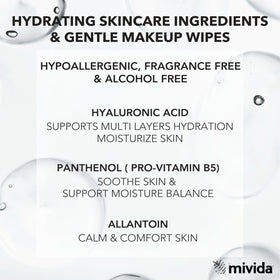 mivida Makeup Remover Wipes side view with hyaluronic acid label