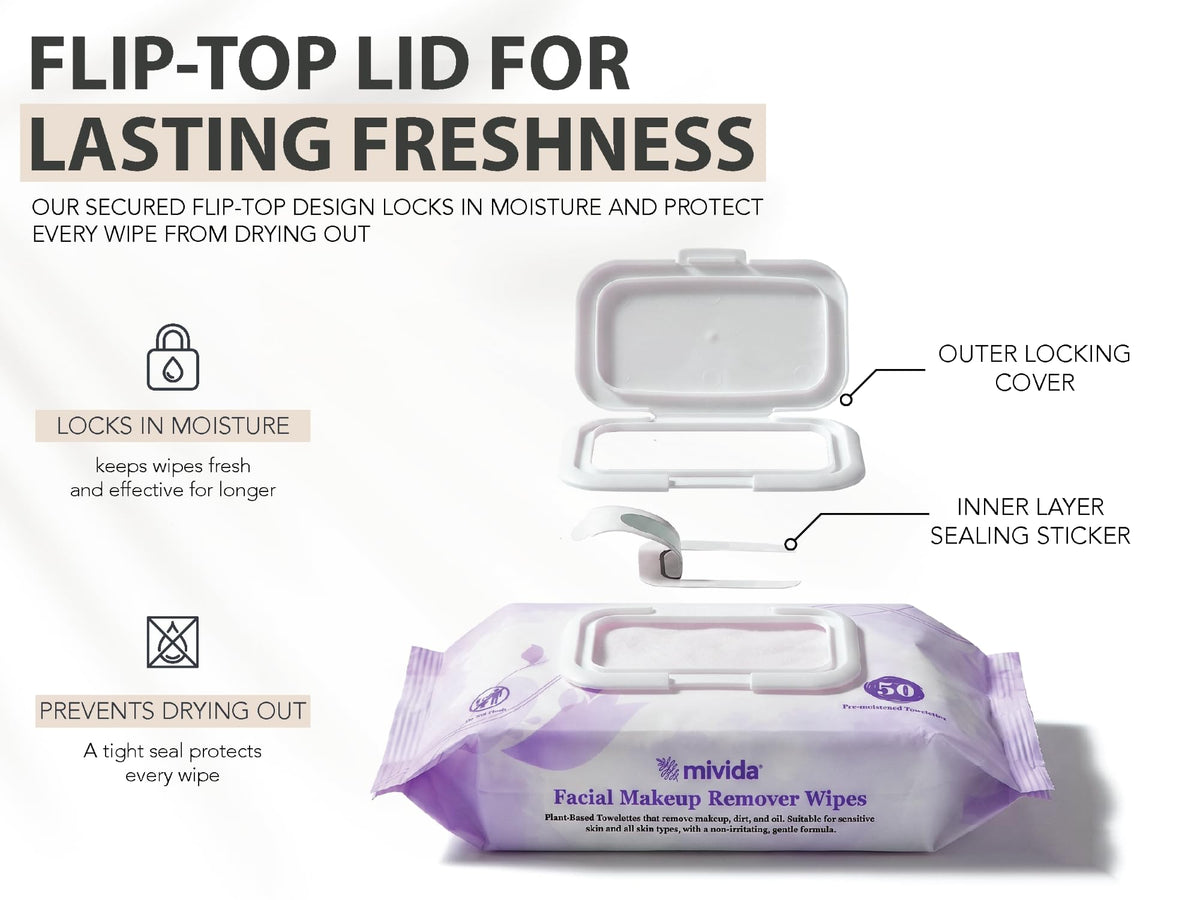 mivida makeup wipes on a vanity with cosmetics