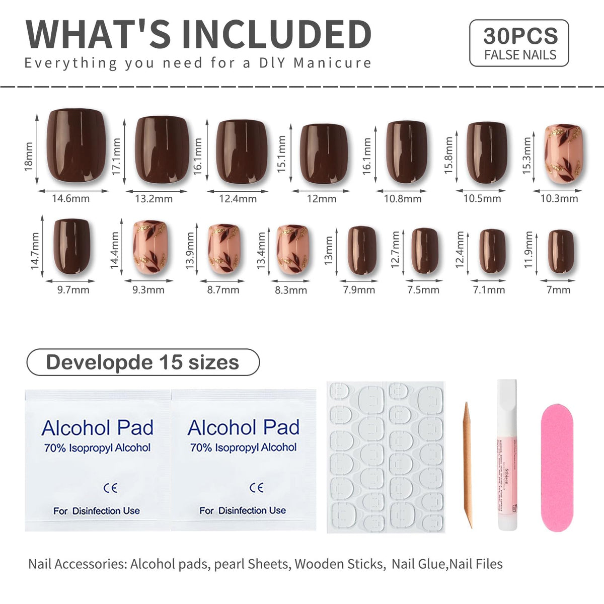 Mivota Brown Press On Nails set with various sizes