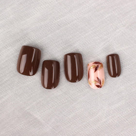 Mivota Brown Press On Nails with gold leaf design close-up