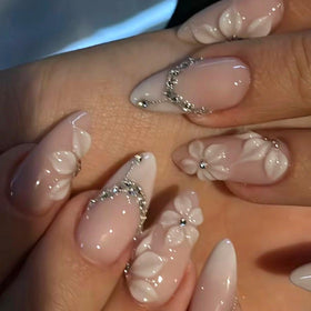 Mivota Press On Nails Nude Pink Ombre front view with 3D flower design