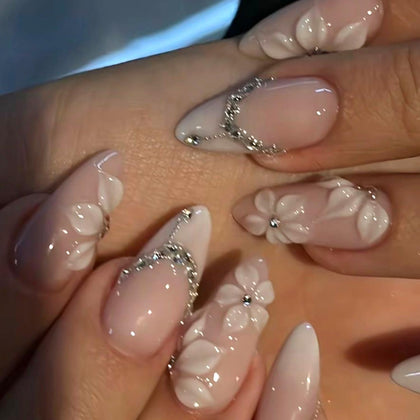 Mivota Press On Nails Nude Pink Ombre front view with 3D flower design