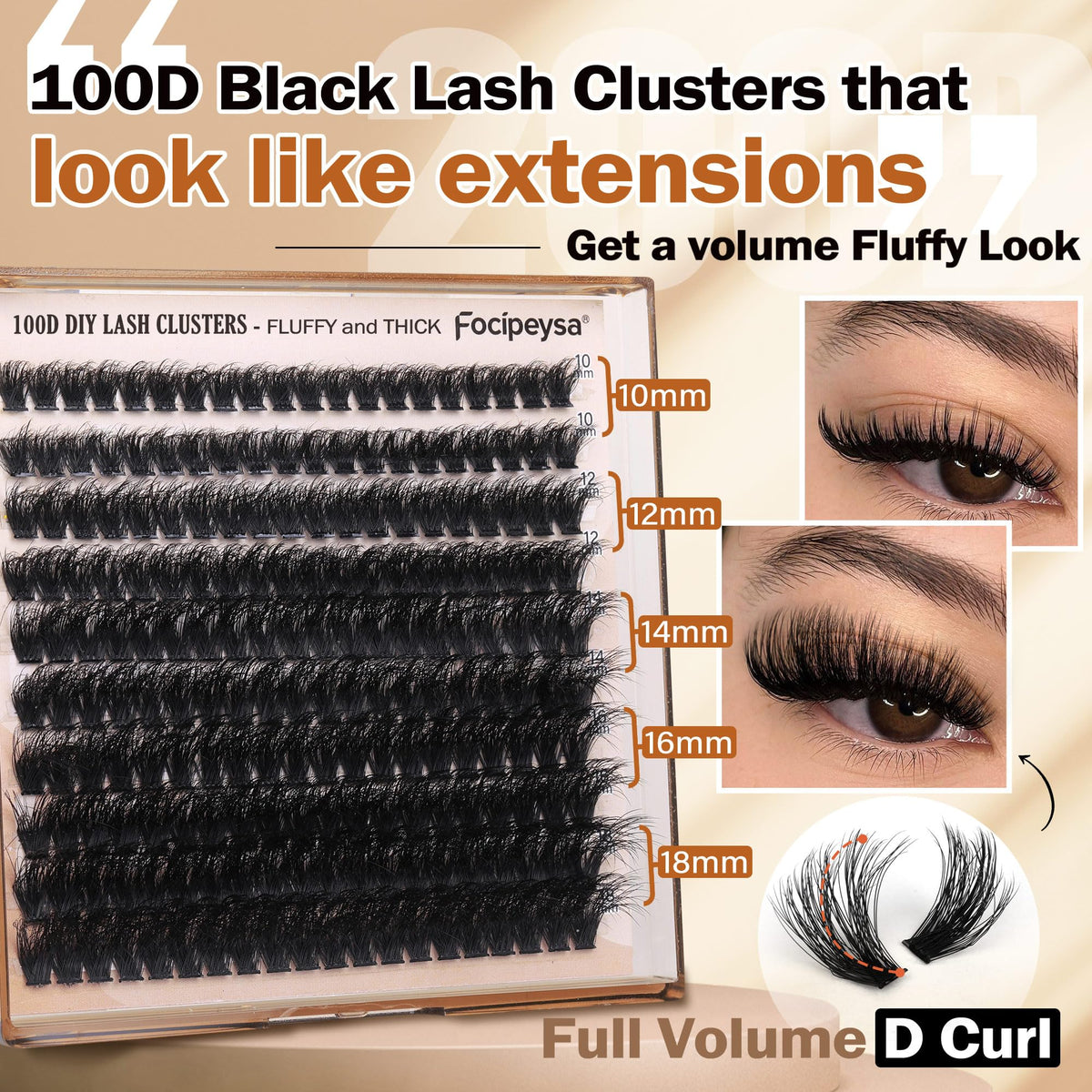 Mixed clusters of Focipeysa lashes from 10mm to 18mm