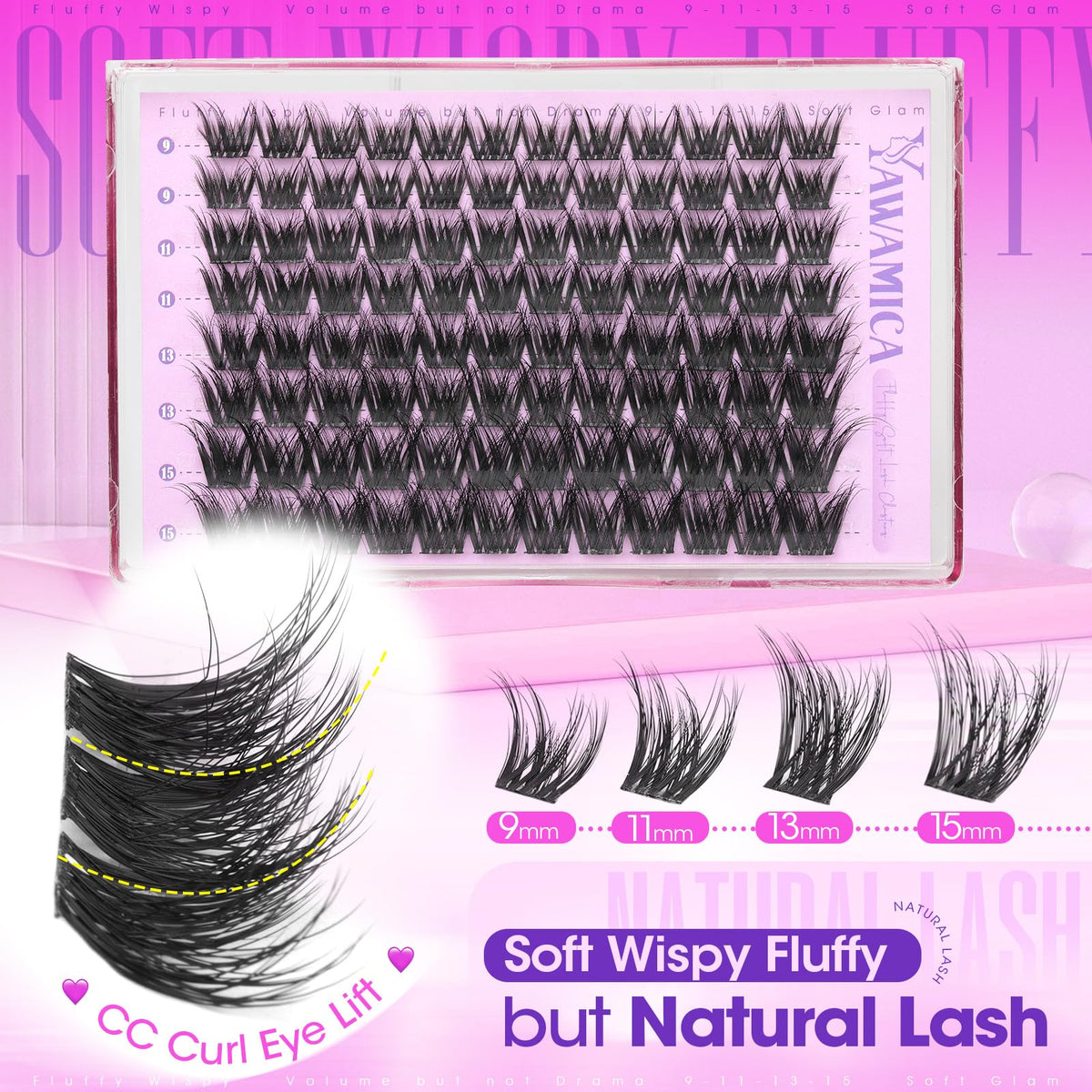 Mixed lengths of Yawamica Fluffy Lash Clusters displayed