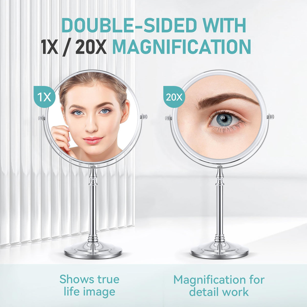 MIYADIVA 20x Magnifying Mirror showing 360° swivel feature