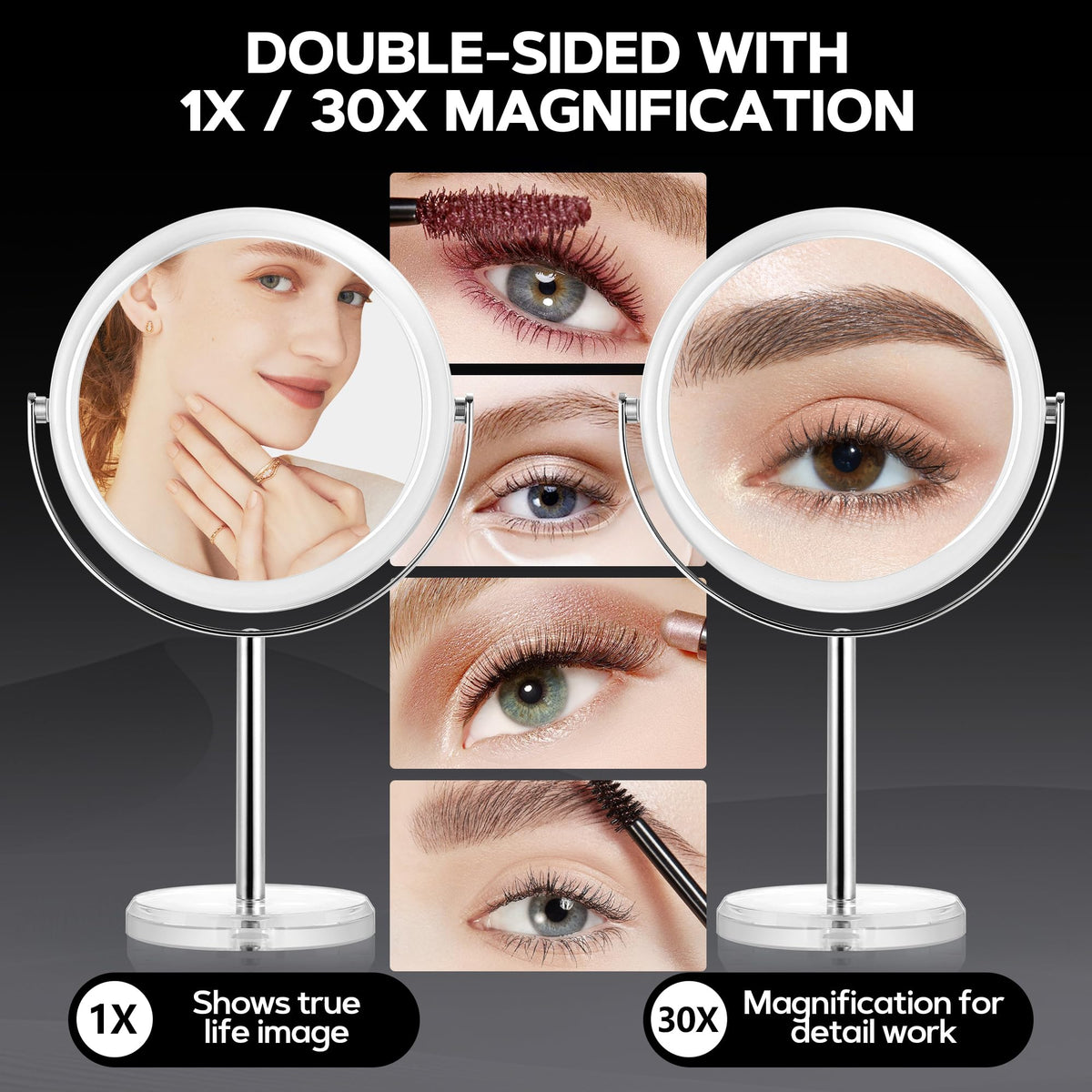 MIYADIVA double-sided mirror showing 1X and 30X sides