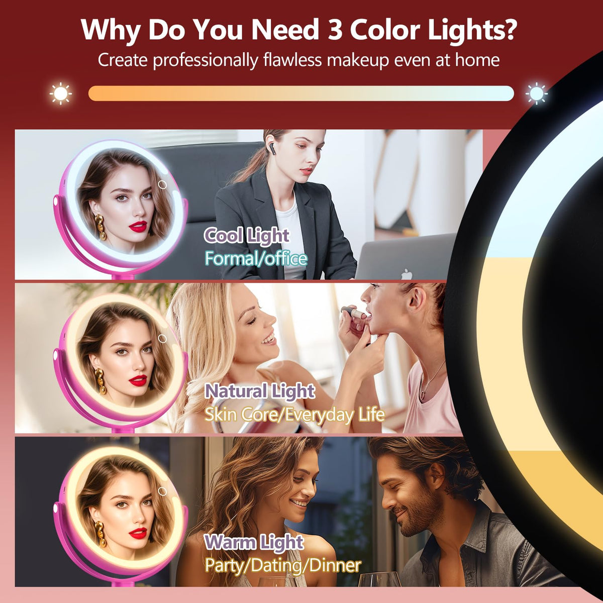 MIYADIVA Makeup Mirror displaying three colour light settings