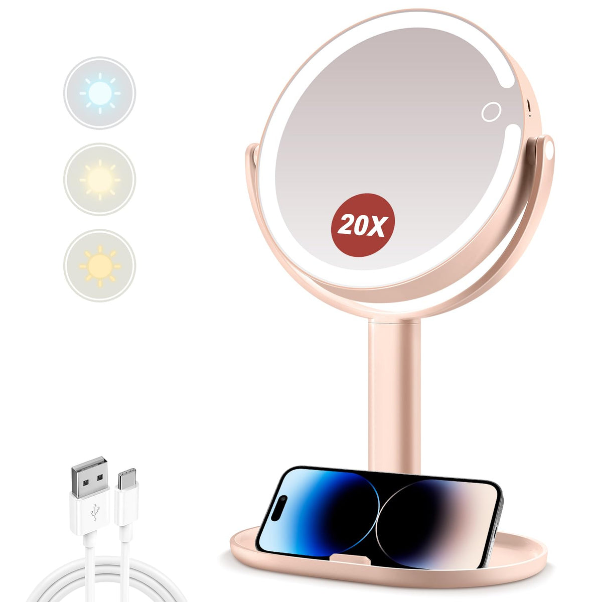 MIYADIVA Makeup Mirror front view with lights and 20X magnification