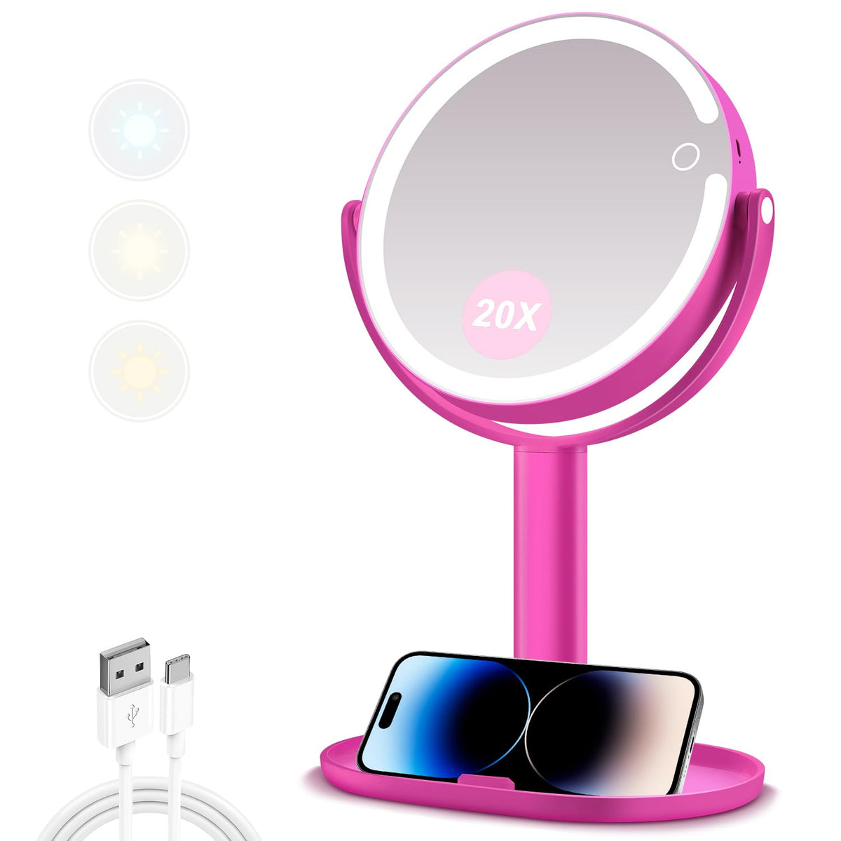 MIYADIVA Makeup Mirror front view with lights in hot pink