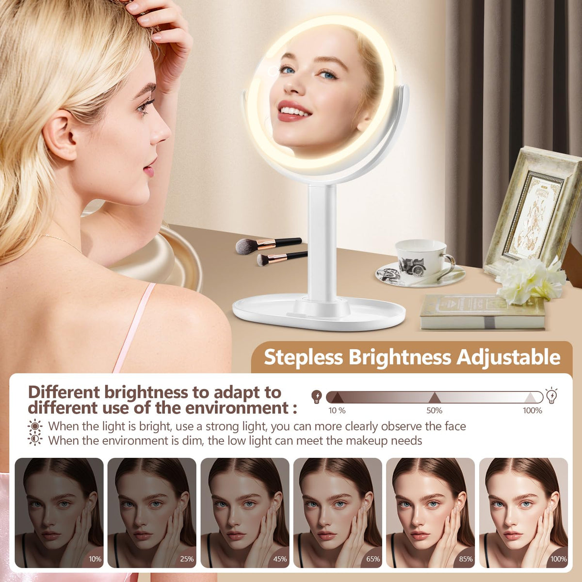 MIYADIVA Makeup Mirror with adjustable brightness settings