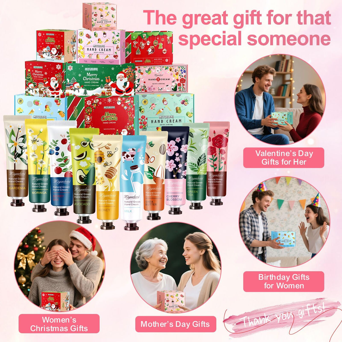 MIYUELENI hand cream set displayed with floral background