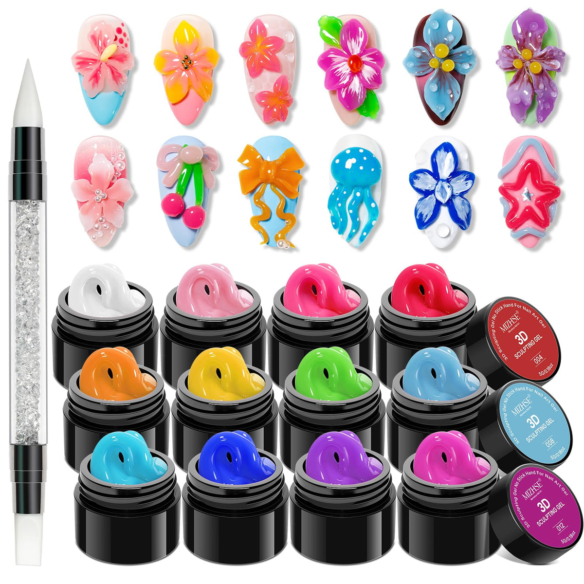 MIZHSE 12 Colors 3D Nail Gel Set front view with vibrant colours