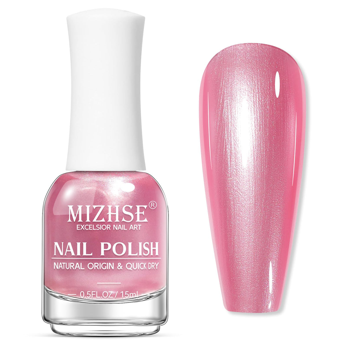MIZHSE Pearlescent Rose Pink Nail Polish front view with 15ml bottle