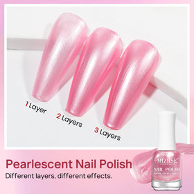MIZHSE Pearlescent Rose Pink Nail Polish on nails with elegant finish