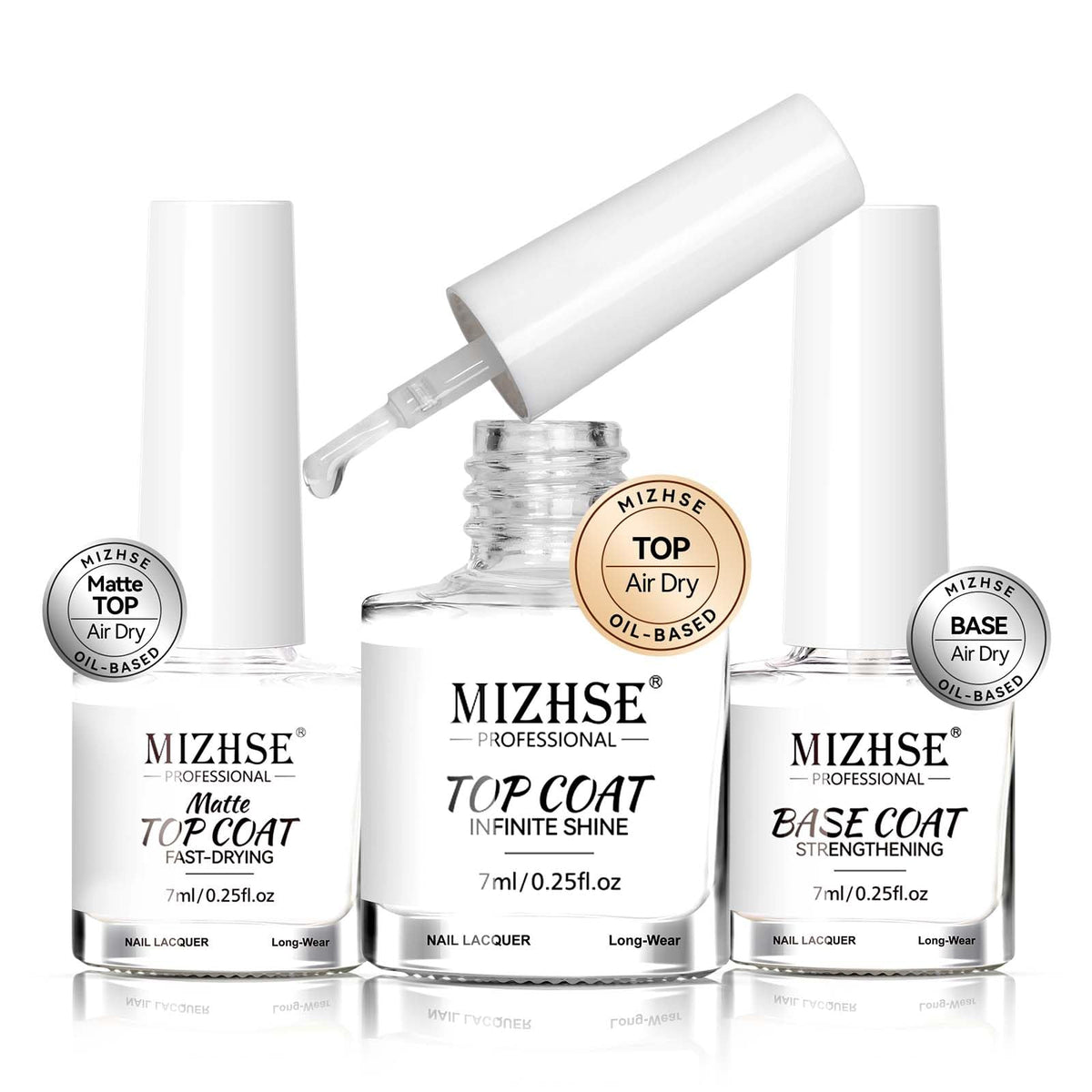 MIZHSE Quick Dry Base and Top Coat Set, 3 bottles front view