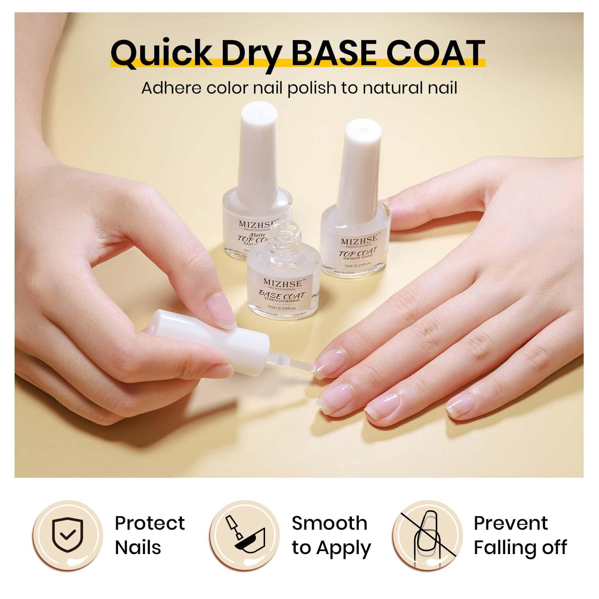 MIZHSE Quick Dry Base and Top Coat Set, close-up of bottles