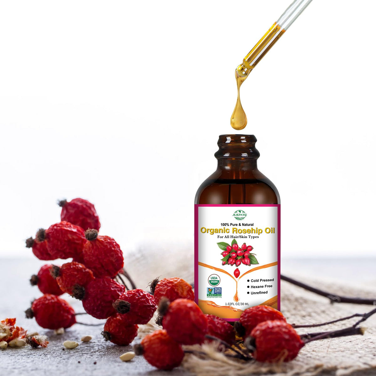 MMPANG Organic Rosehip Seed Oil close-up of bottle