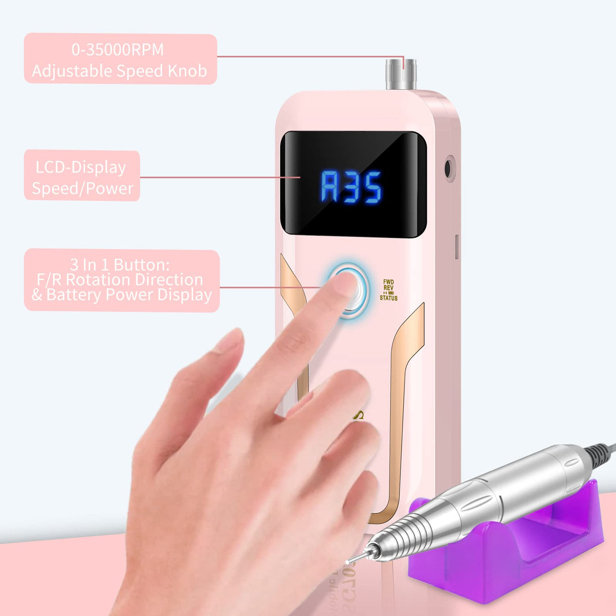 MOCOWIND Portable Nail Drill battery charging with power indicator
