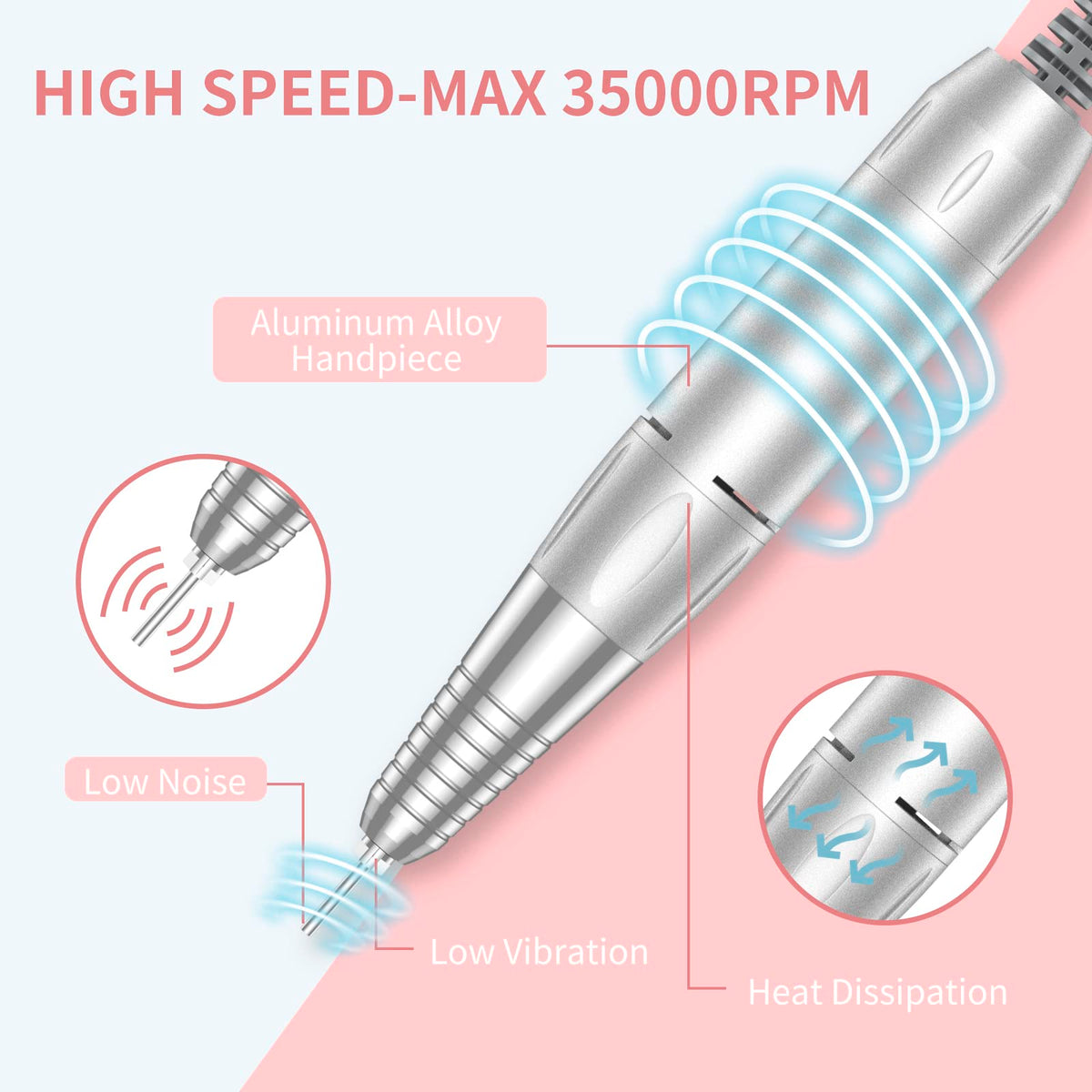 MOCOWIND Portable Nail Drill in a lifestyle setting on a nail care table