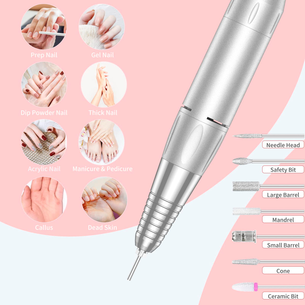MOCOWIND Portable Nail Drill side view showcasing the handpiece