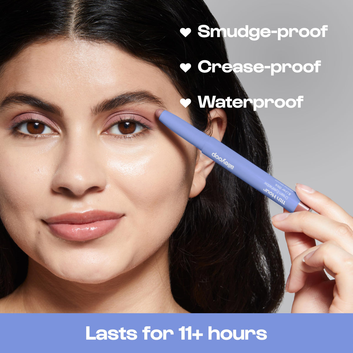 Model applying ALLEYOOP 11th Hour Cream Eyeshadow Stick Mauve Matte