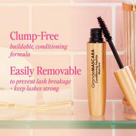 Model applying GrandeMASCARA Conditioning Peptide Mascara in a bathroom setting