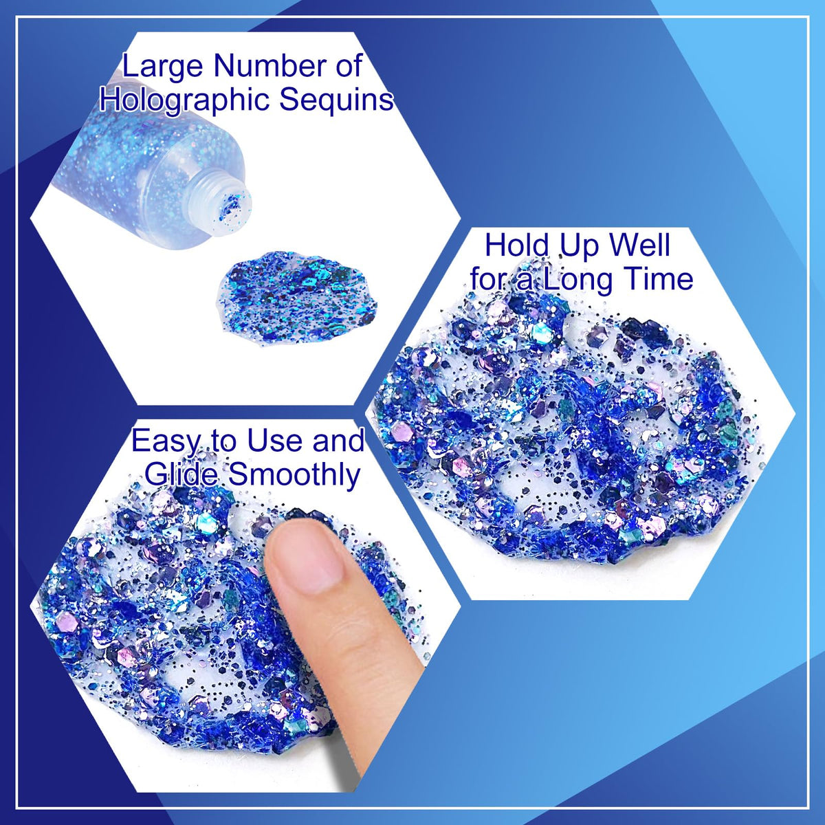 Model applying MEICOLY Chameleon Blue Body Glitter Gel on skin