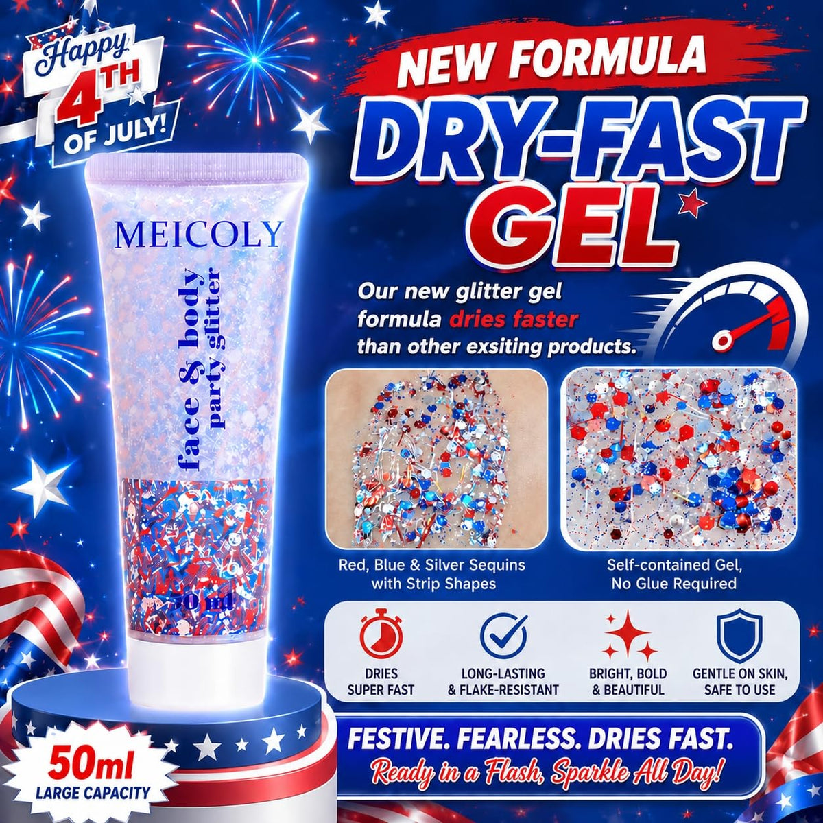Model applying MEICOLY red white and blue glitter on hair