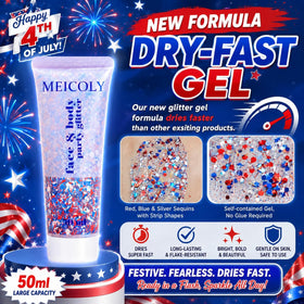 Model applying MEICOLY red white and blue glitter on hair