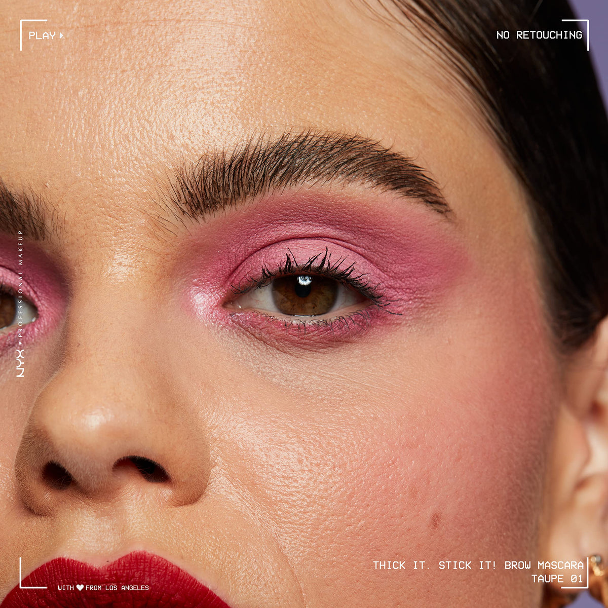 Model applying NYX Thick It Stick It Brow Mascara in Taupe