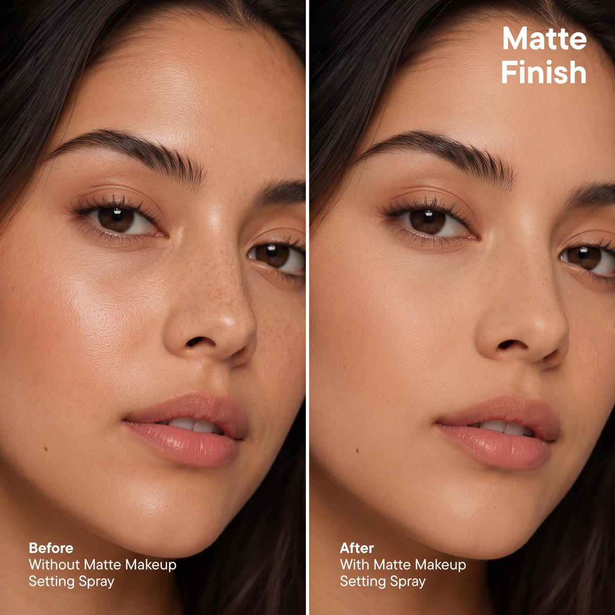 Model applying SKINDINAVIA Matte Makeup Setting Spray before makeup
