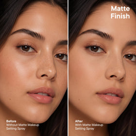 Model applying SKINDINAVIA Matte Makeup Setting Spray before makeup
