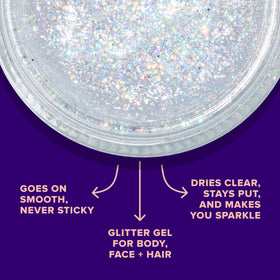 Model applying UNICORN SNOT glitter gel on cheek
