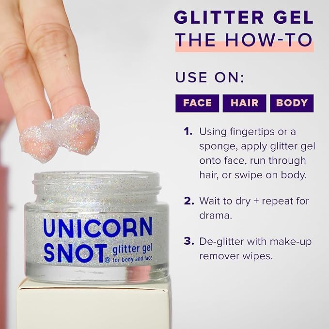 Model applying UNICORN SNOT Glitter Gel on face