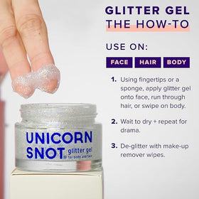 Model applying UNICORN SNOT Glitter Gel on face