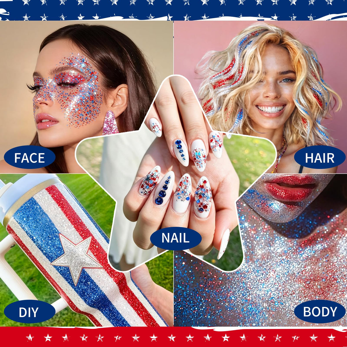 Model showcasing AROIC body glitter on hair