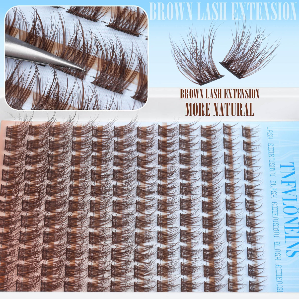 Model showcasing natural look with TNFVLONEINS brown lash clusters
