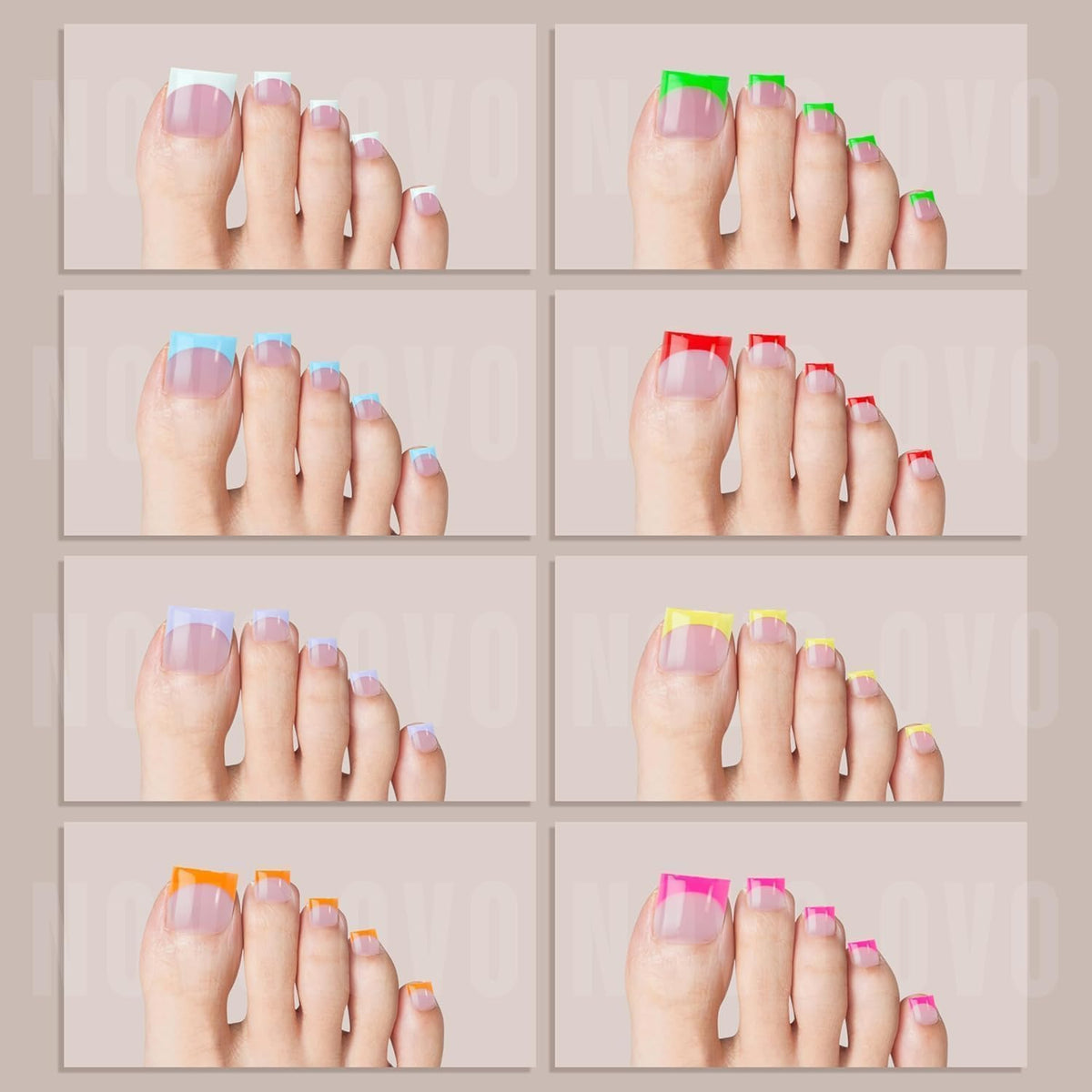 Model showcasing NOVO OVO French Tip Toe Nail Tips with sandals