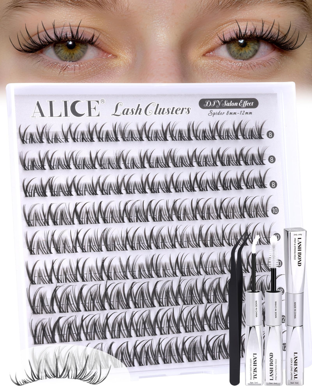 Model showcasing the final look with ALICE lash clusters
