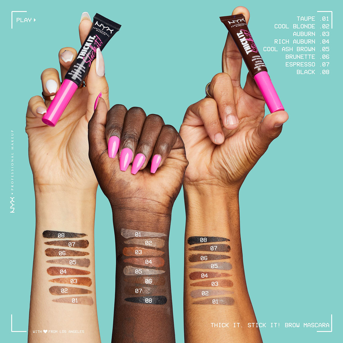 Model using NYX Thick It Stick It Brow Mascara Brunette