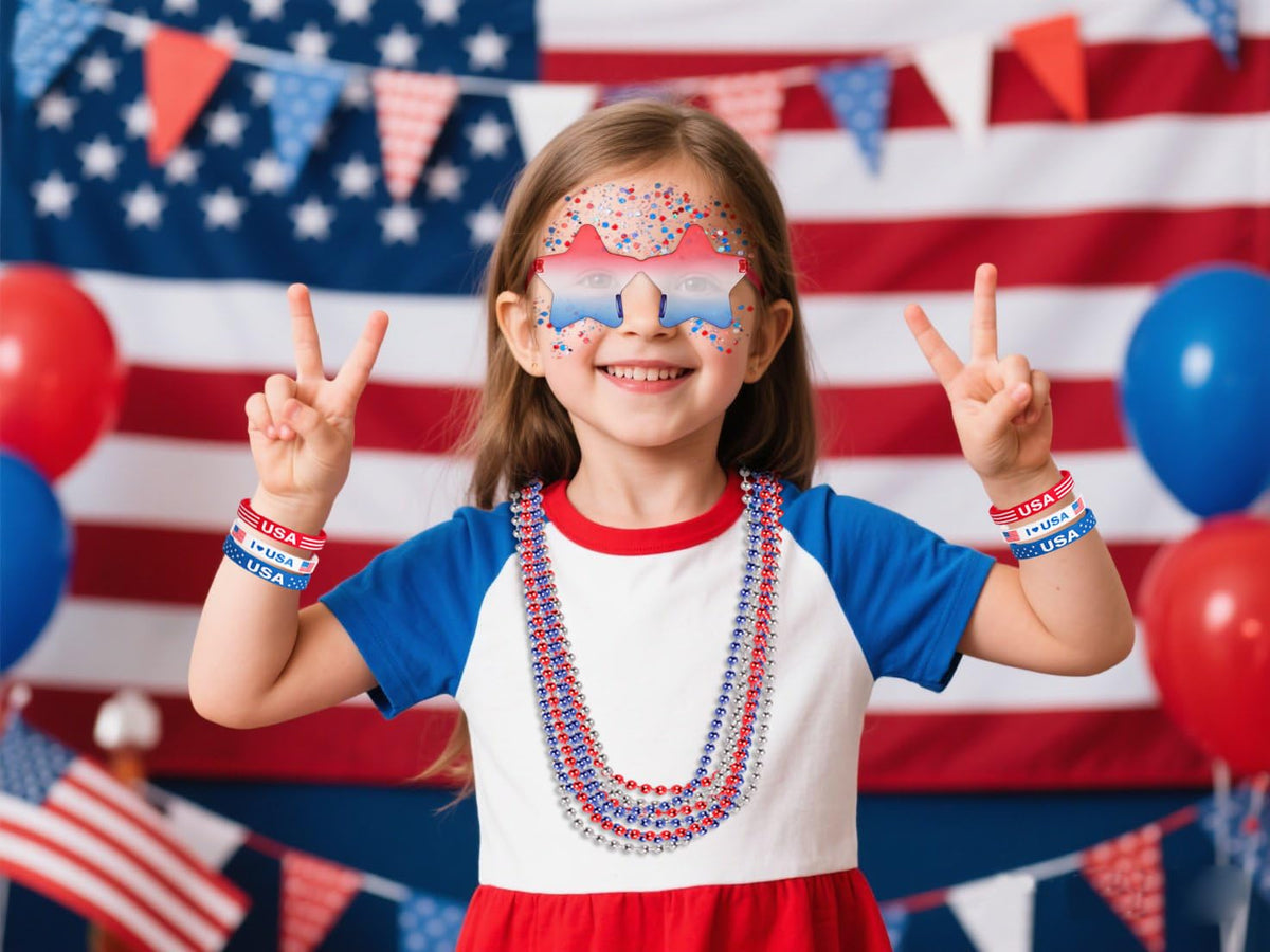 Model wearing 4th of July accessories and body glitter