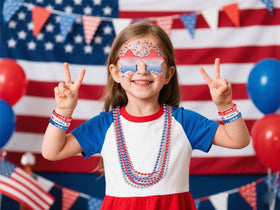 Model wearing 4th of July accessories and body glitter