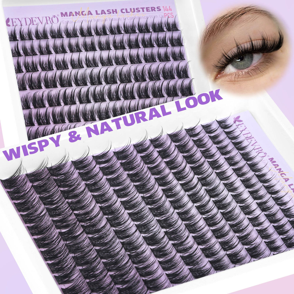 Model wearing EYDEVRO manga lash clusters