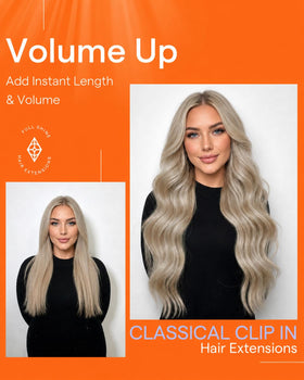 Model wearing Full Shine blonde clip-in hair extensions