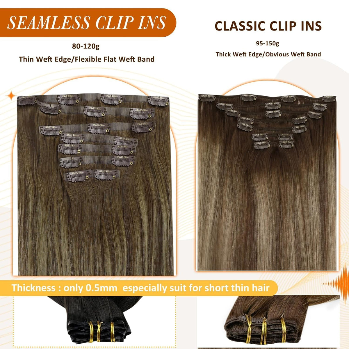 Model wearing Full Shine brown balayage clip-in hair extensions styled in waves
