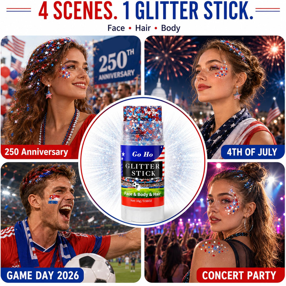 Model wearing Go Ho Glitter Stick at a 4th of July event