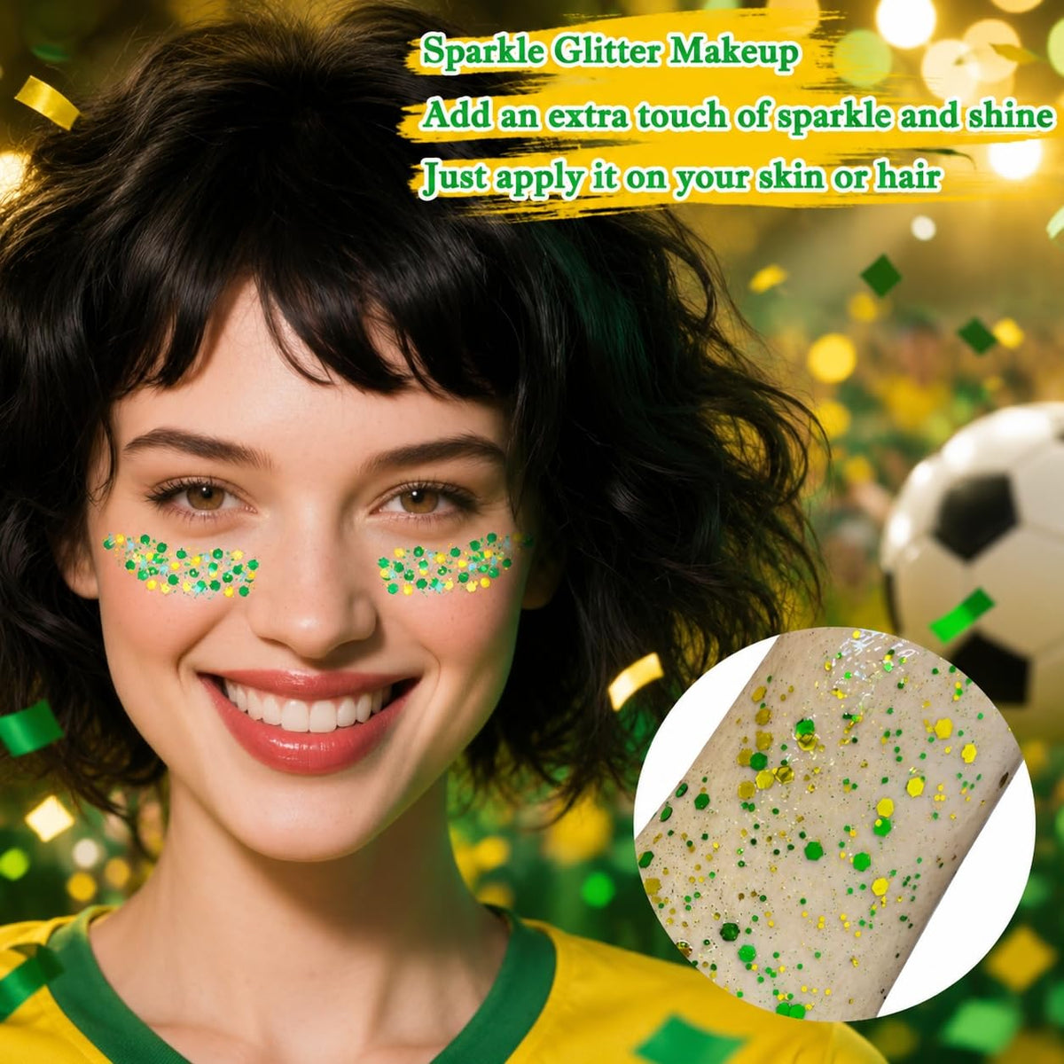 Model wearing MEICOLY Green and Yellow Hair Glitter at a party