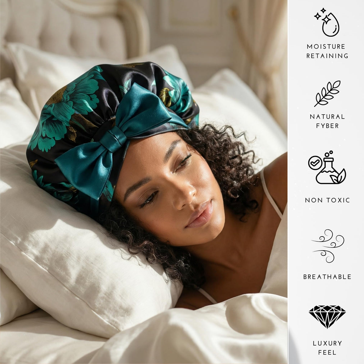 Model wearing Nochka Fashion silk bonnet at bedtime